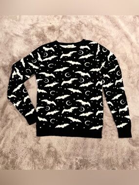 Killstar Black Crewneck Sweater with White Bat & Moon Pattern